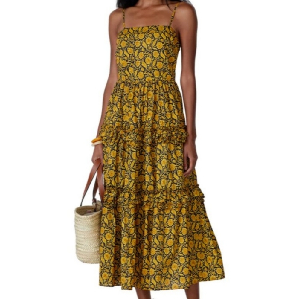 Nicholas Adele Tiered Smocked  Yellow/Black Bohemian Floral Dress